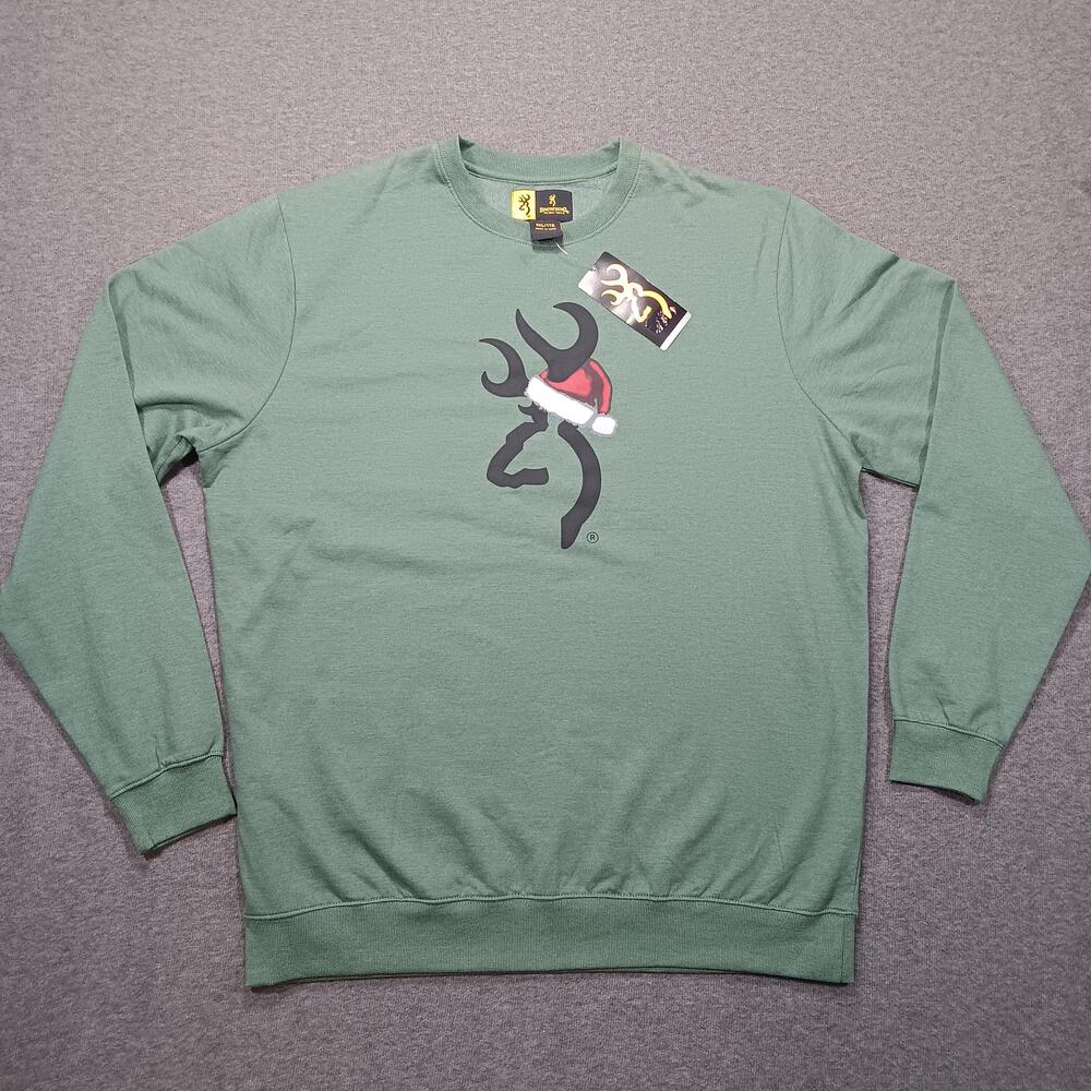 Browning Sweatshirt Mens 2XL Green Crewneck Buckmark Santa Hat Christmas Deer